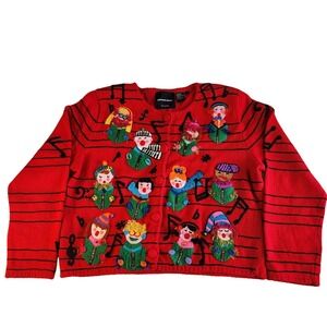 MICHAEL SIMON Music Cardigan Sweater Womens Large Red Singing Choir Carolers